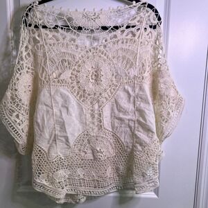 Cream Crochet Lace Kimono Boho Festival Beach Cover Up